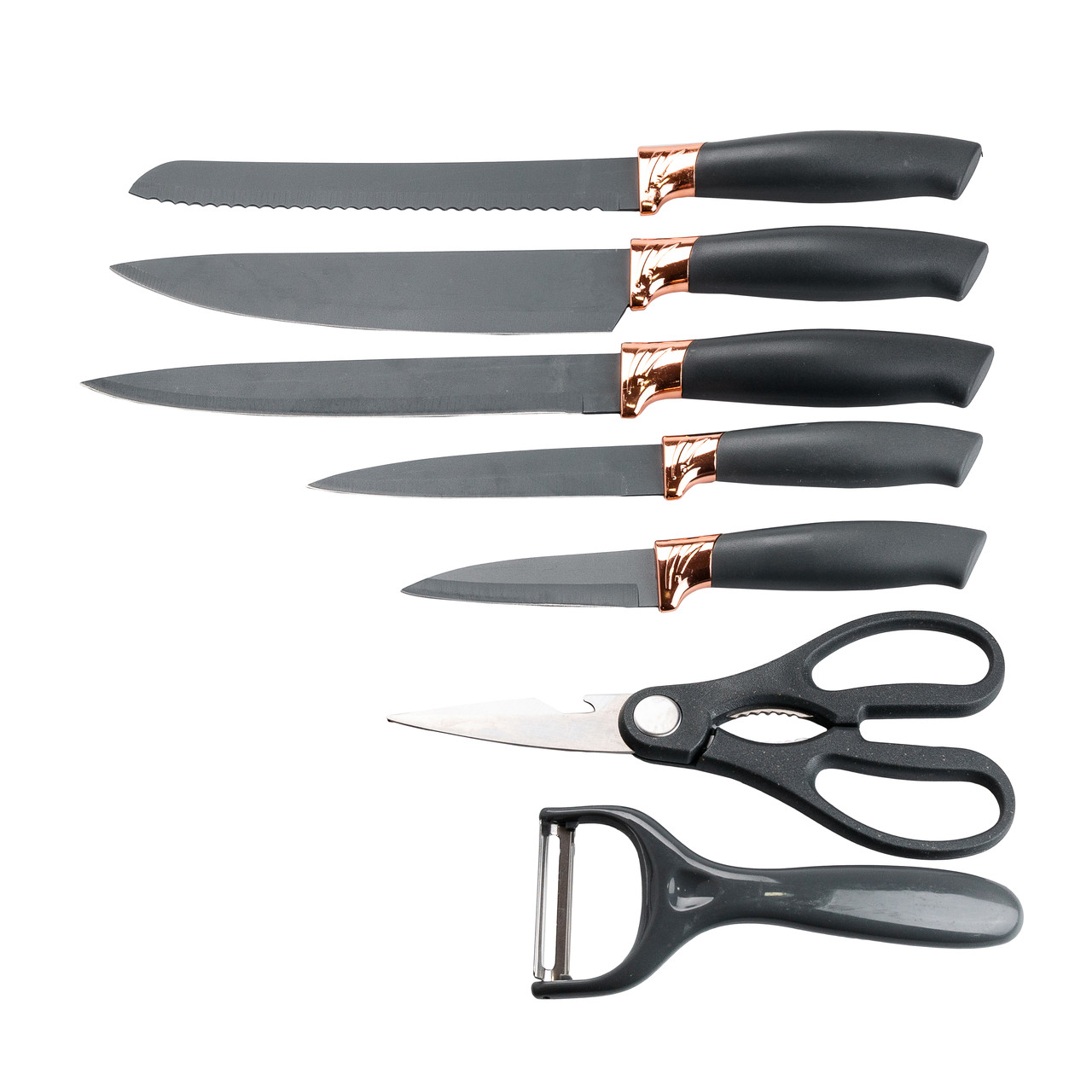 Набір кухонних ножів 5 штук з ножицями та овочечисткою 33/23.5/24.5/19.5 см Чорний
