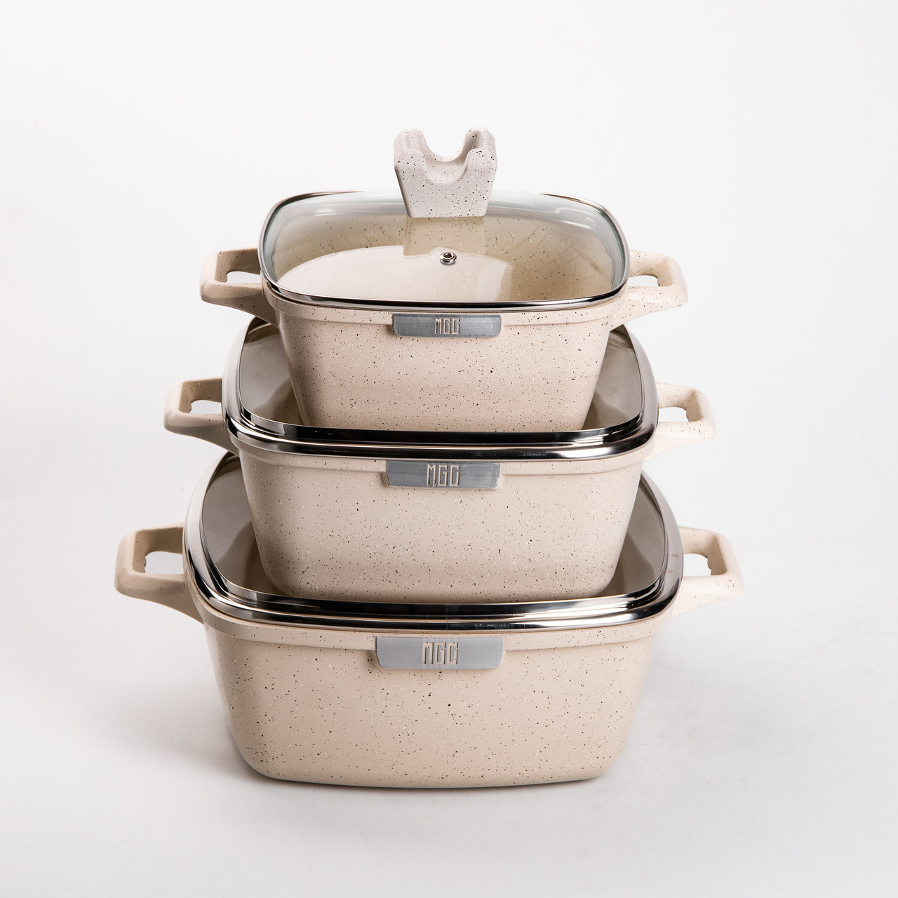 Квадратні алюмінієві каструлі з кришками з жароміцного скла, набір із 3 штук