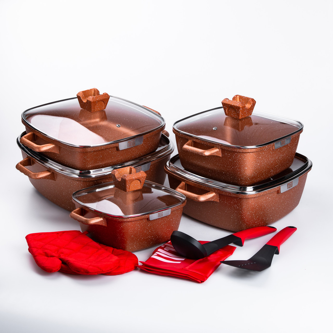 Набір з 5 алюмінієвих квадратних каструль з товстим дном MGC + лопатка, ополоник, рукавички та фартух