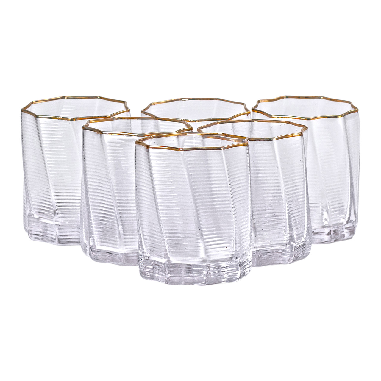 Набір із 6 склянок 300 мл з прозорого скла з 3D-текстурою і золотим обідком