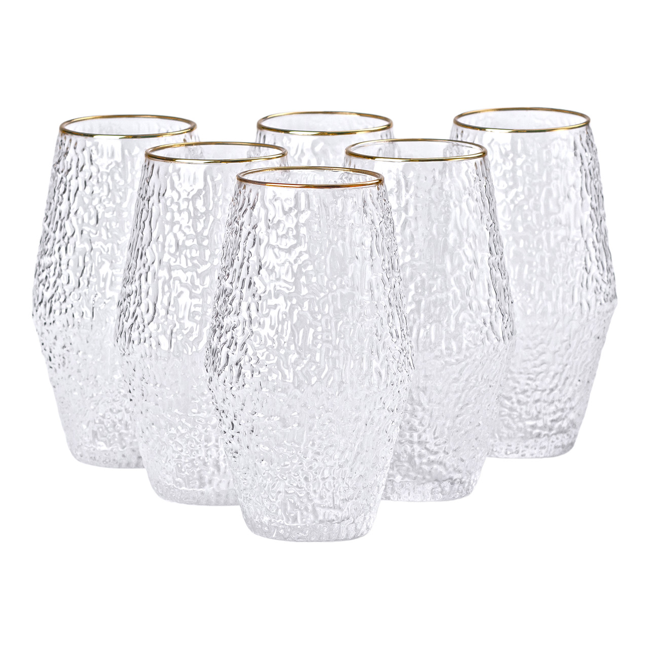 Набір із шести прозорих фактурних склянок 600 мл із золотим обідком