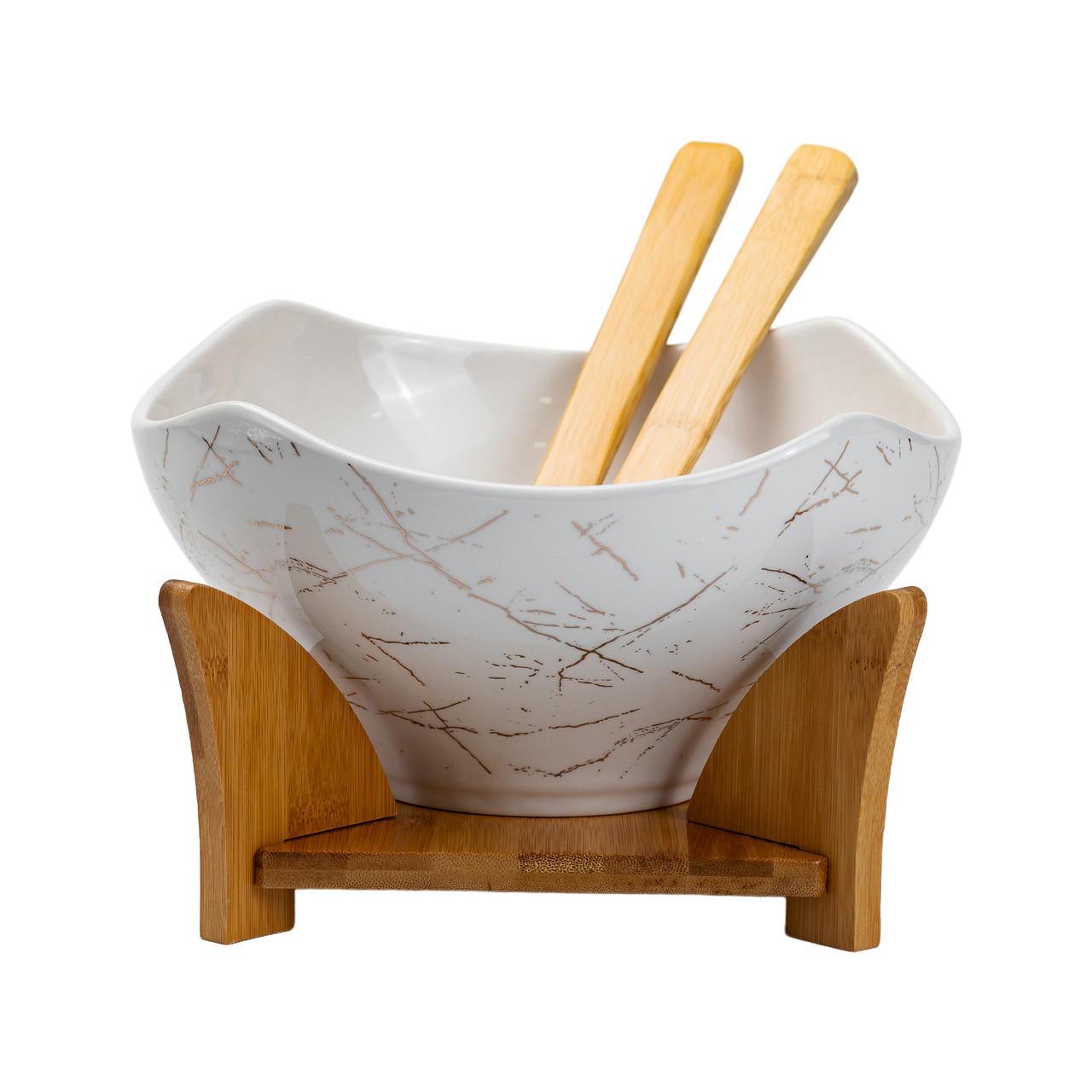 Салатниця на бамбуковій підставці з виделкою і ложкою 22*22*14 см Біла