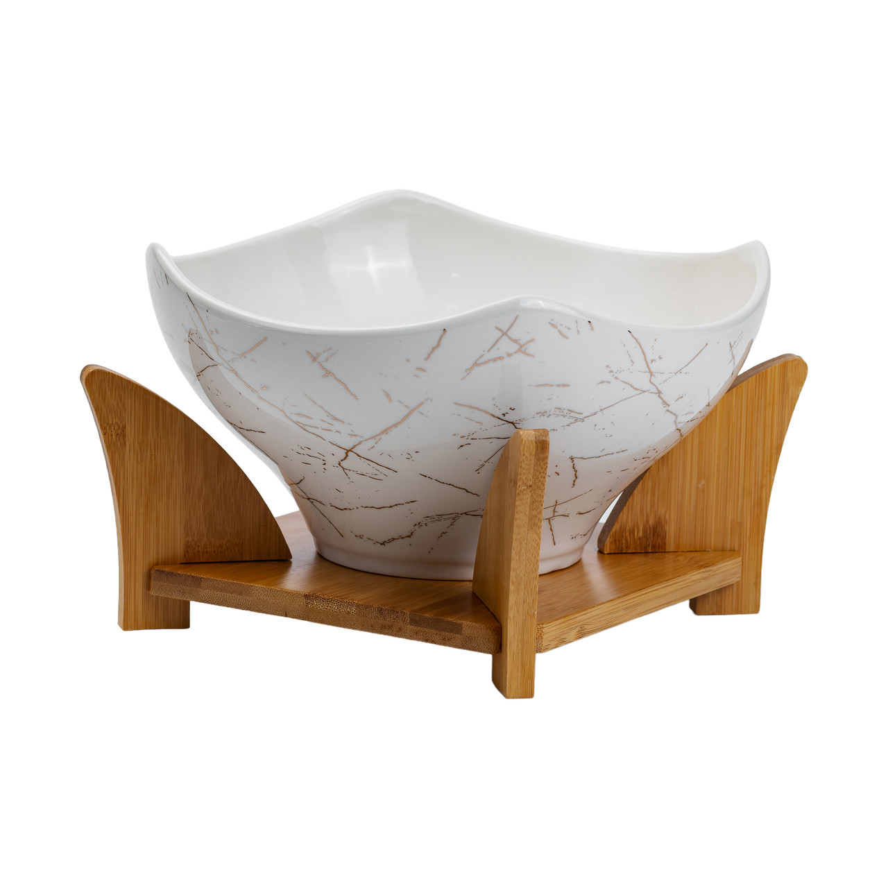 Салатниця на бамбуковій підставці з виделкою і ложкою 22*22*14 см Біла