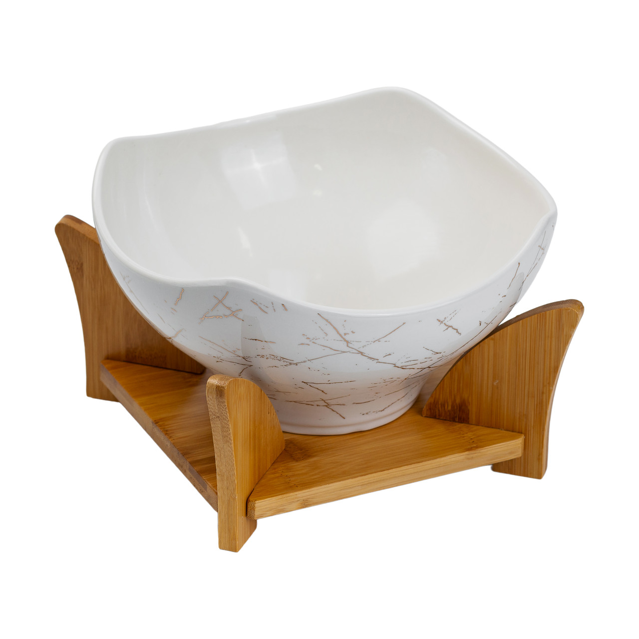 Салатниця на бамбуковій підставці з виделкою і ложкою 22*22*14 см Біла