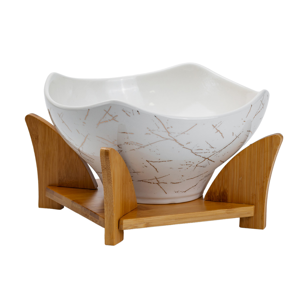 Салатниця на бамбуковій підставці з виделкою і ложкою 22*22*14 см Біла