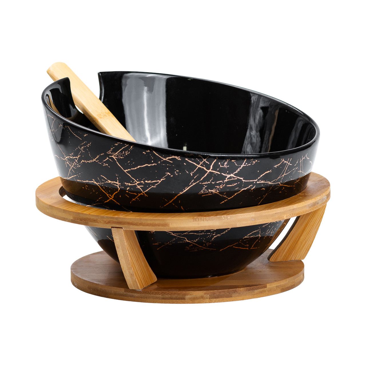 Салатниця на бамбуковій підставці з ложкою Ø 25 см чорна