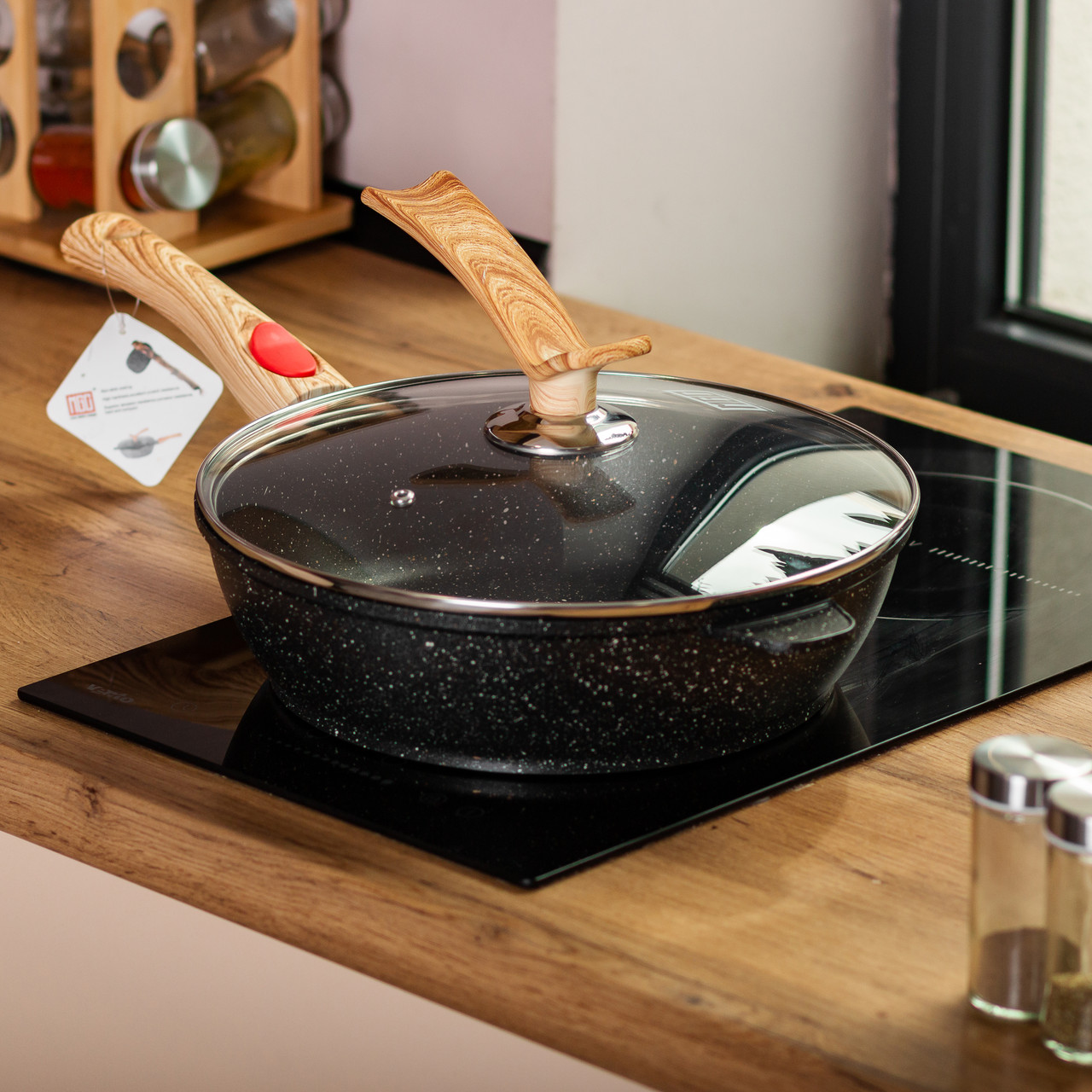 Алюмінієва глибока сковорода (3,5 л) зі скляною кришкою Ø28 см чорна MGC