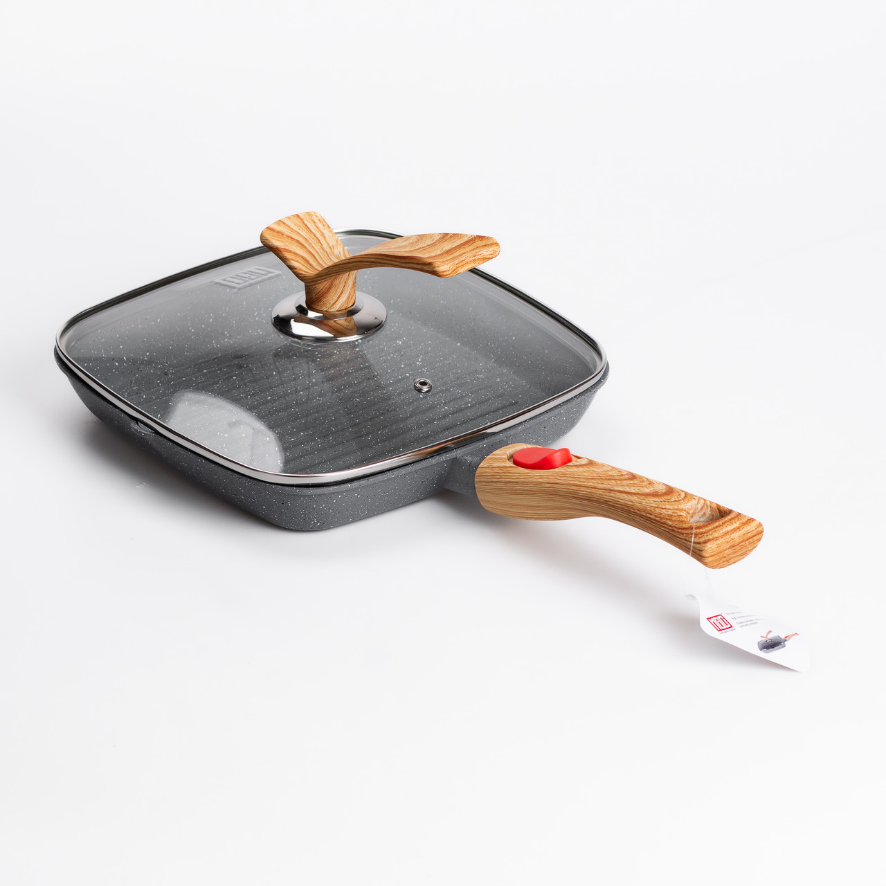 Алюмінієва сковорода-гриль 24 см зі скляною кришкою Квадрат сірий MGC