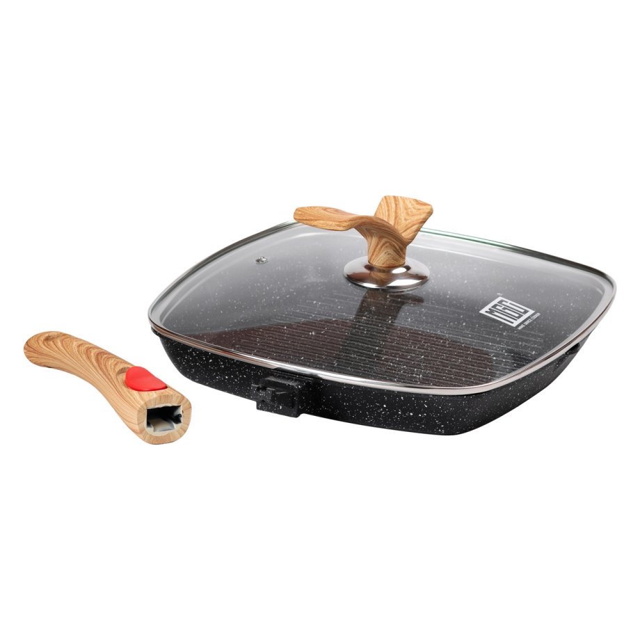 Алюмінієва сковорода-гриль 28 см зі скляною кришкою, квадратна, чорна MGC