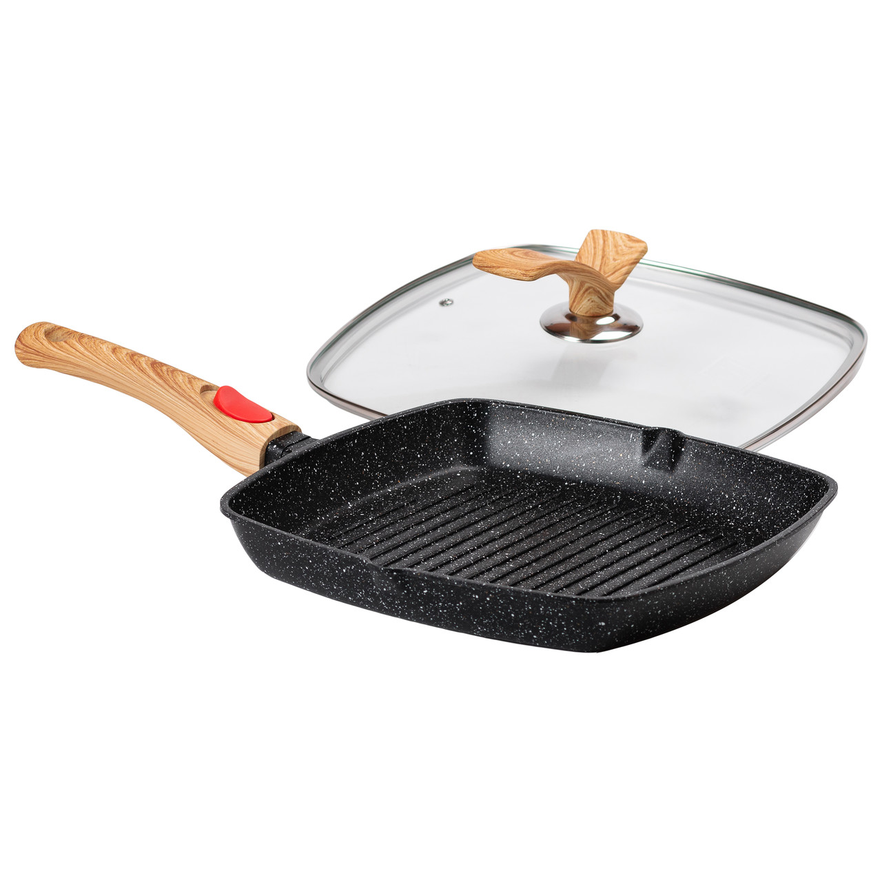 Алюмінієва сковорода-гриль 28 см зі скляною кришкою, квадратна, чорна MGC