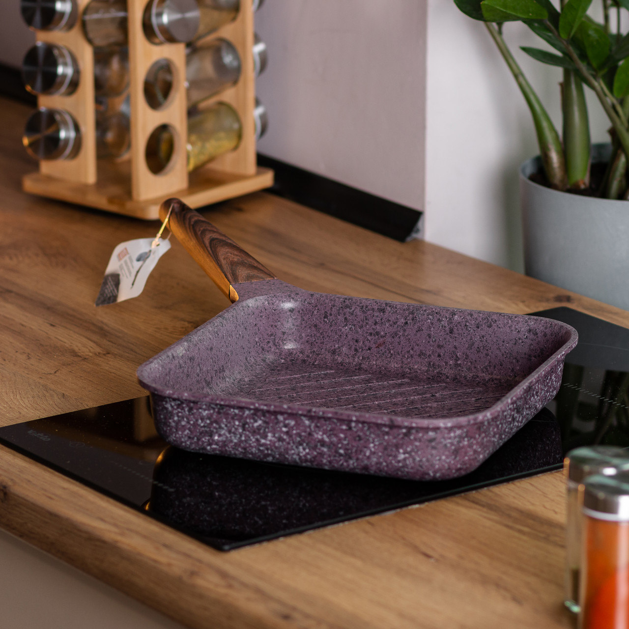 Сковорода-гриль алюмінієва, квадратна, 2,5 літри, з антипригарним покриттям, 24 см, MGC Purple.