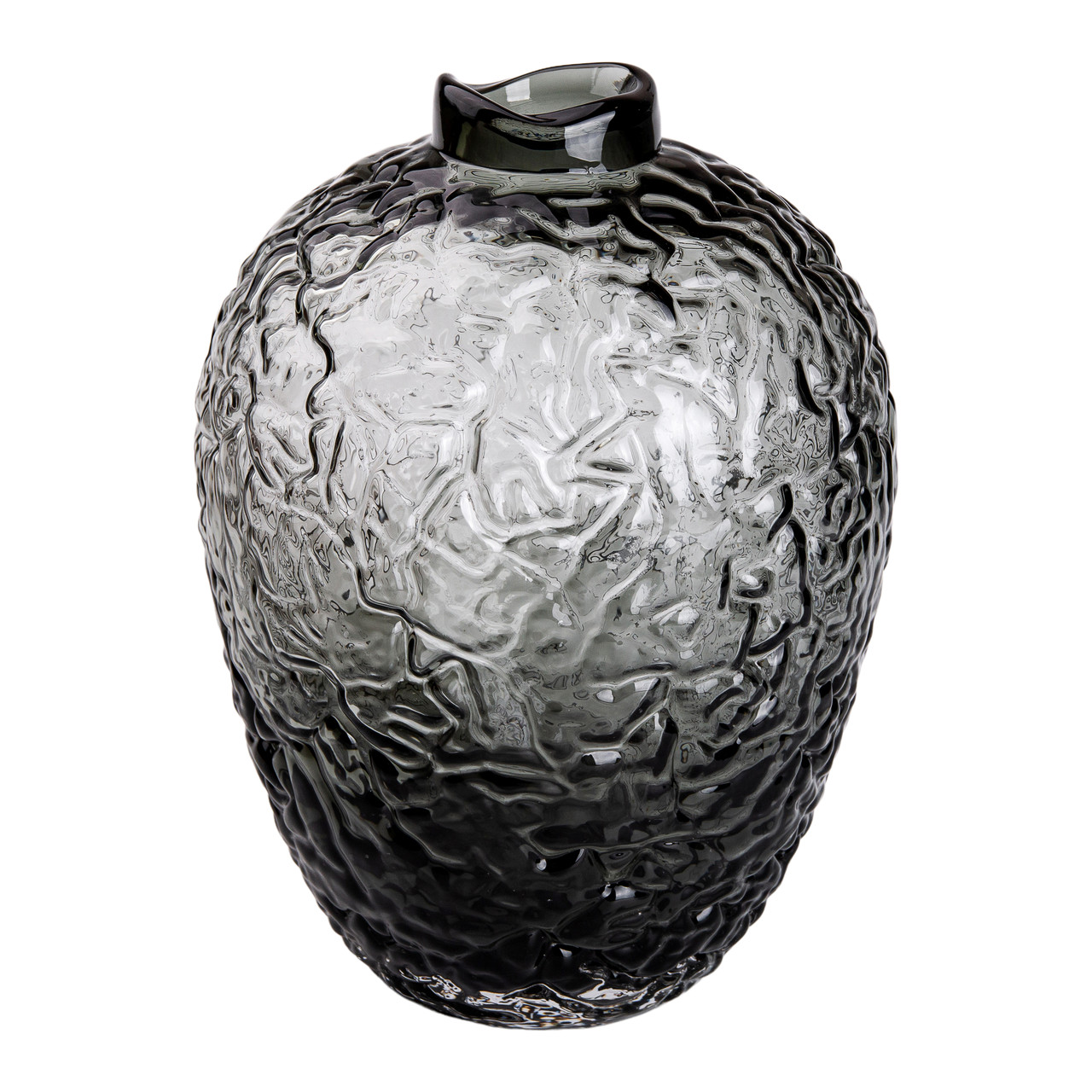 Скляна сіра ваза з рифленою текстурою у формі банки, висота 30 см