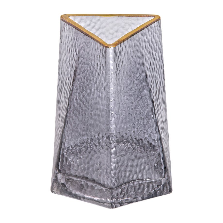 Скляна трикутна ваза сіра з золотою окантовкою, висота 15,5 см, декор для квітів та інтер'єру