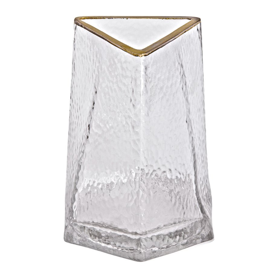 Скляна трикутна ваза 16 см, прозора з золотою окантовкою, стильний декор