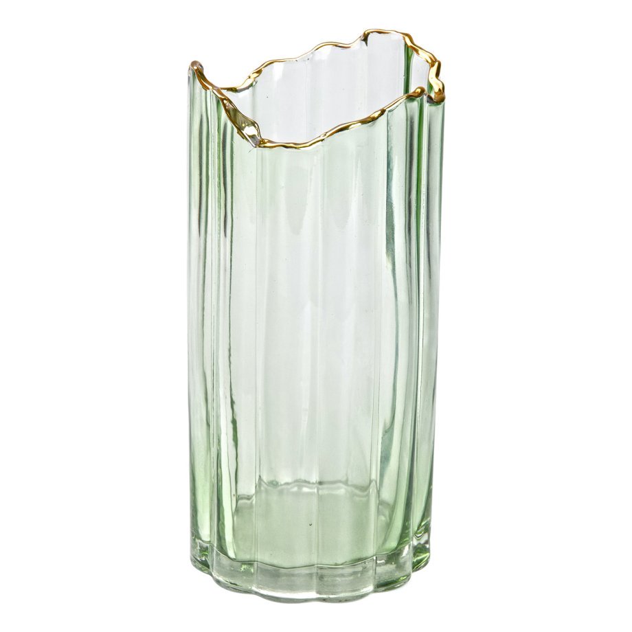 Зелена скляна ваза з золотою окантовкою, висота 24,5 см, діаметр 10 см