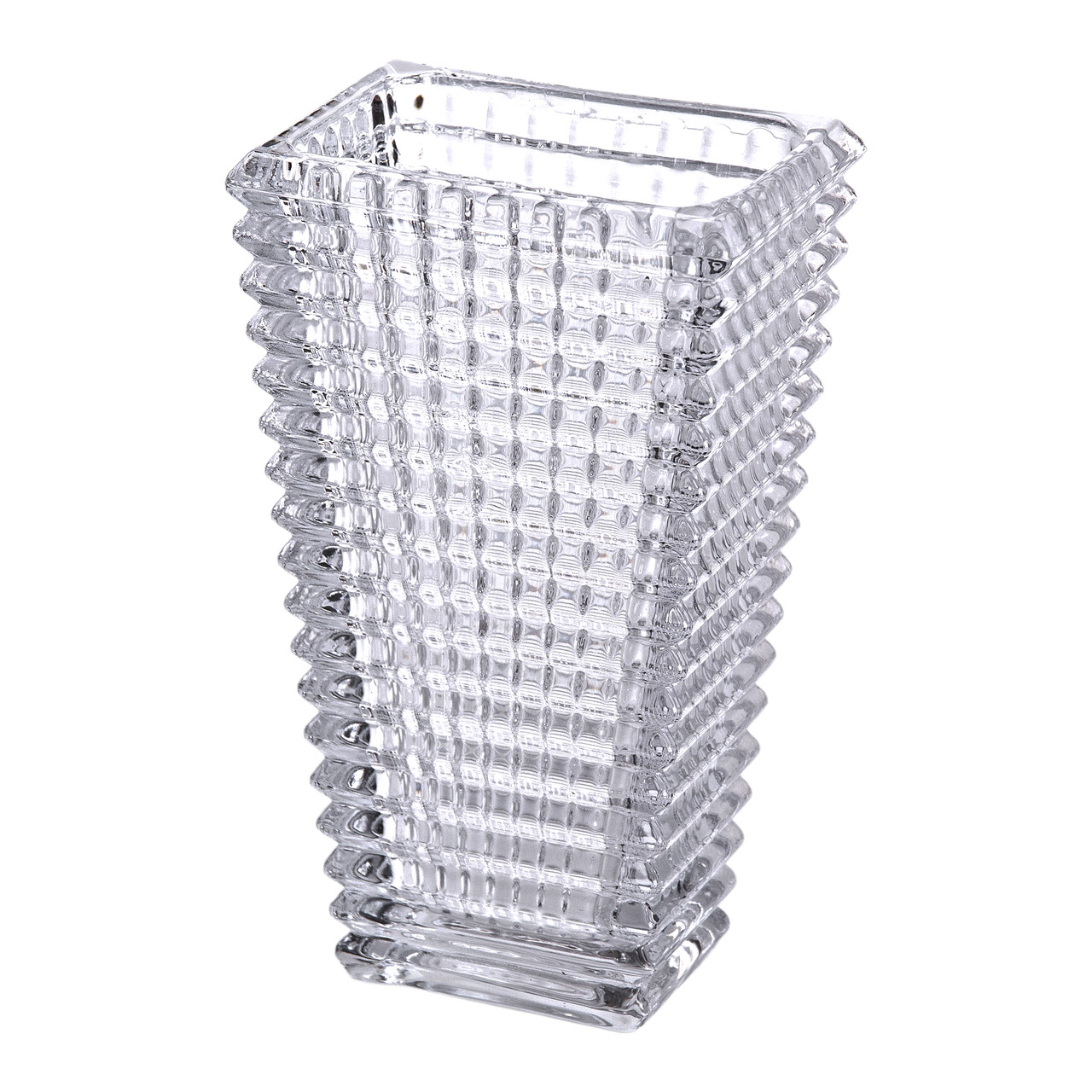 Прозора скляна ваза висотою 17 см з кришталевим блиском і прямокутним дизайном для декору