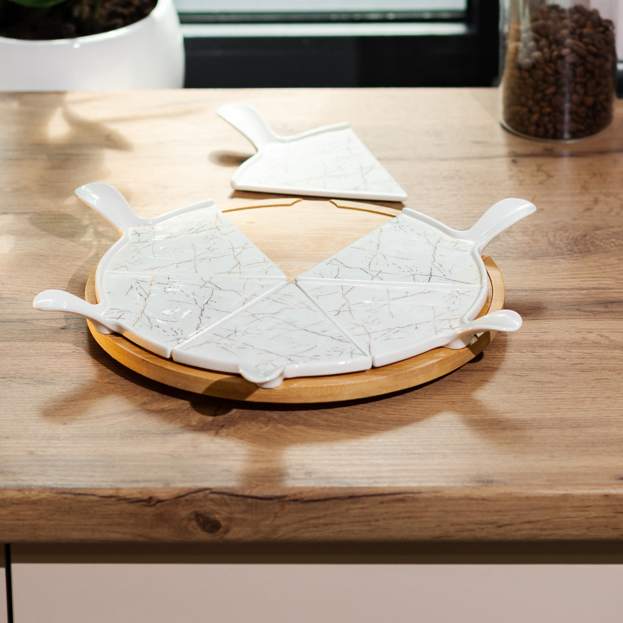 Тарілка для піци 28 см керамічна з бамбуковою підставкою, що обертається, секційна