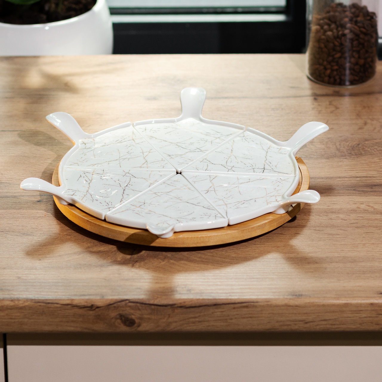 Тарілка для піци 28 см керамічна з бамбуковою підставкою, що обертається, секційна