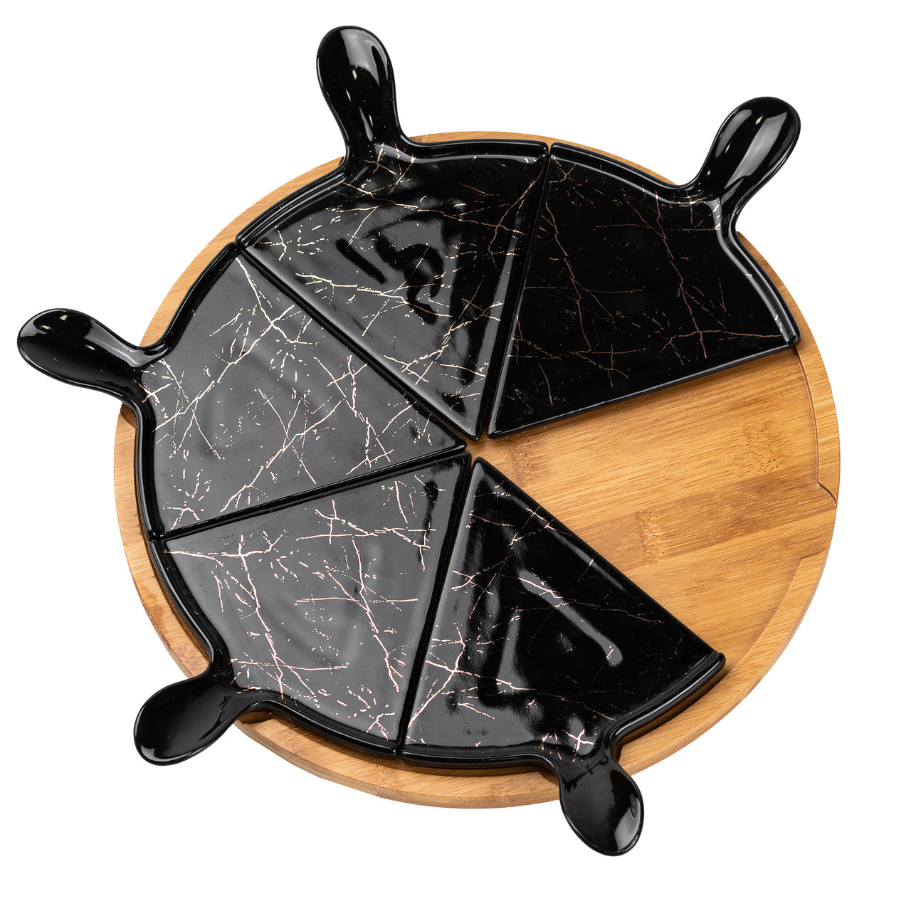 Тарілка для піци 28 см керамічна з бамбуковою підставкою, що обертається, секційна чорна