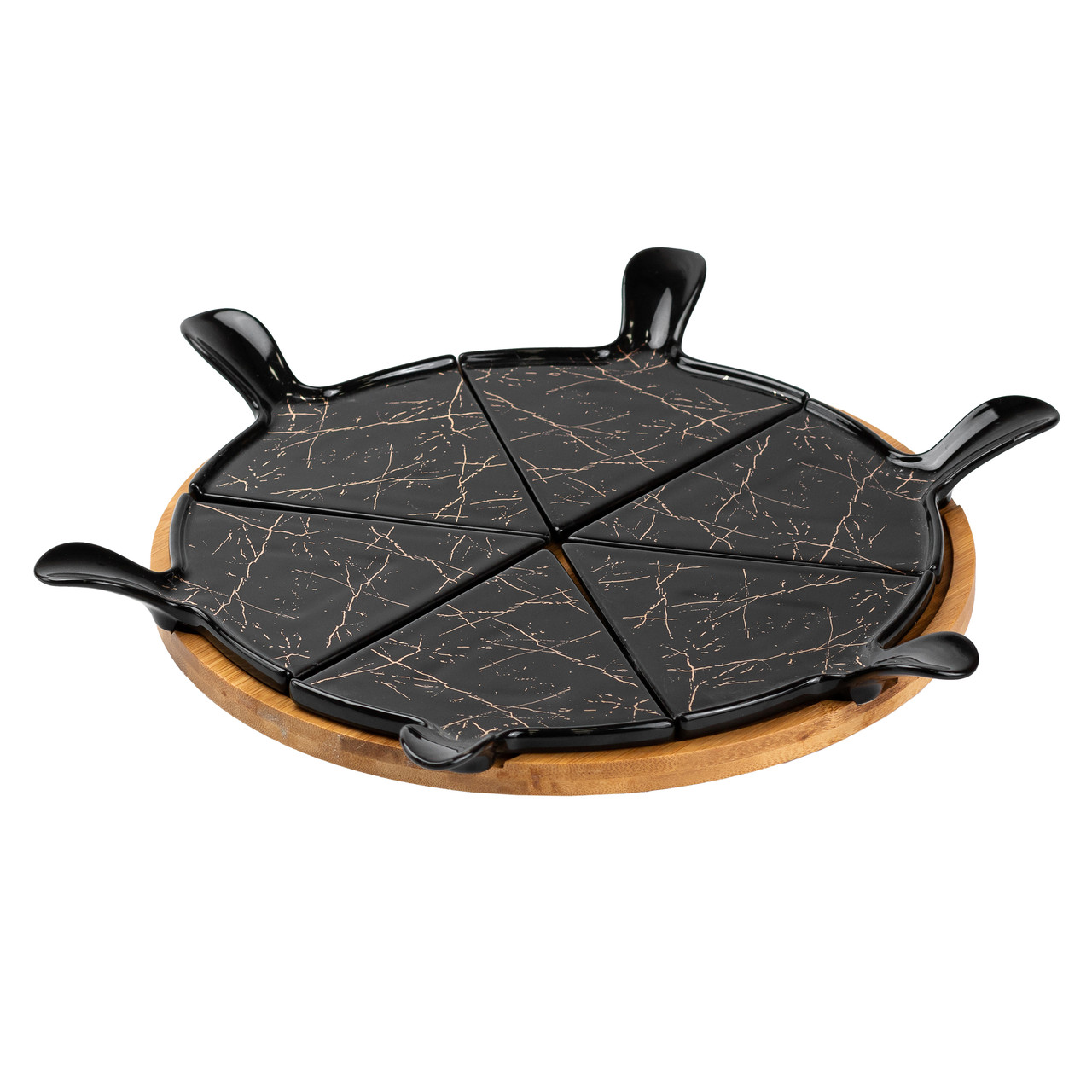 Тарілка для піци 28 см керамічна з бамбуковою підставкою, що обертається, секційна чорна