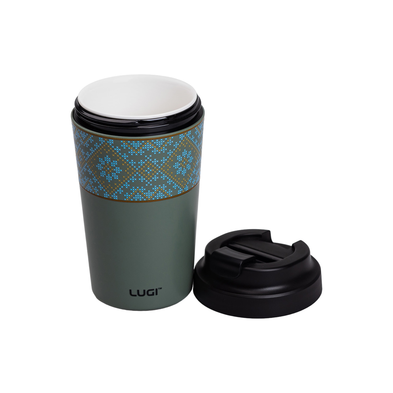 Термочашка Вишиванка з керамічною колбою 380 мл сіро-зелена