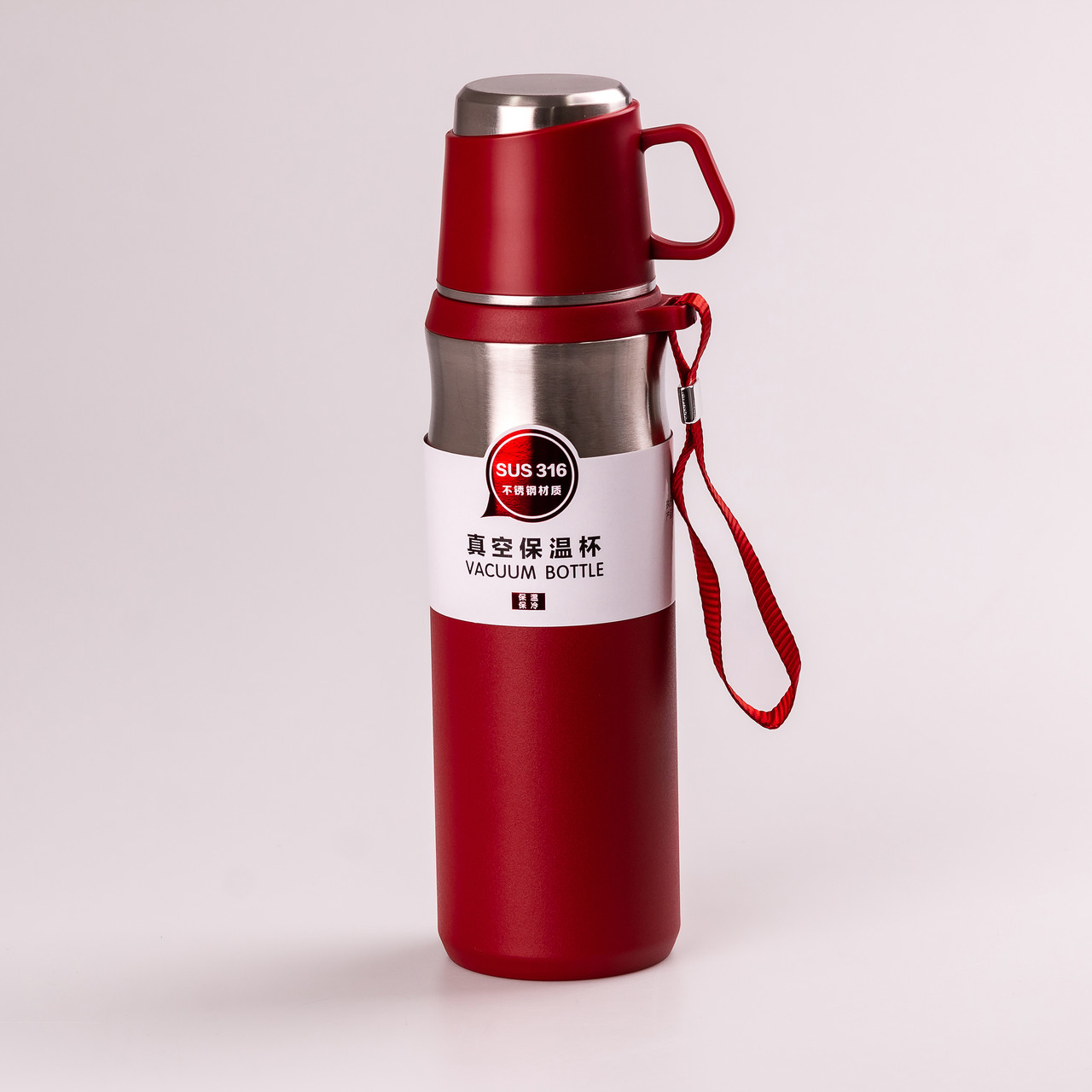 Термос з чашкою та ремінцем 600 мл з металевою колбою Червоний