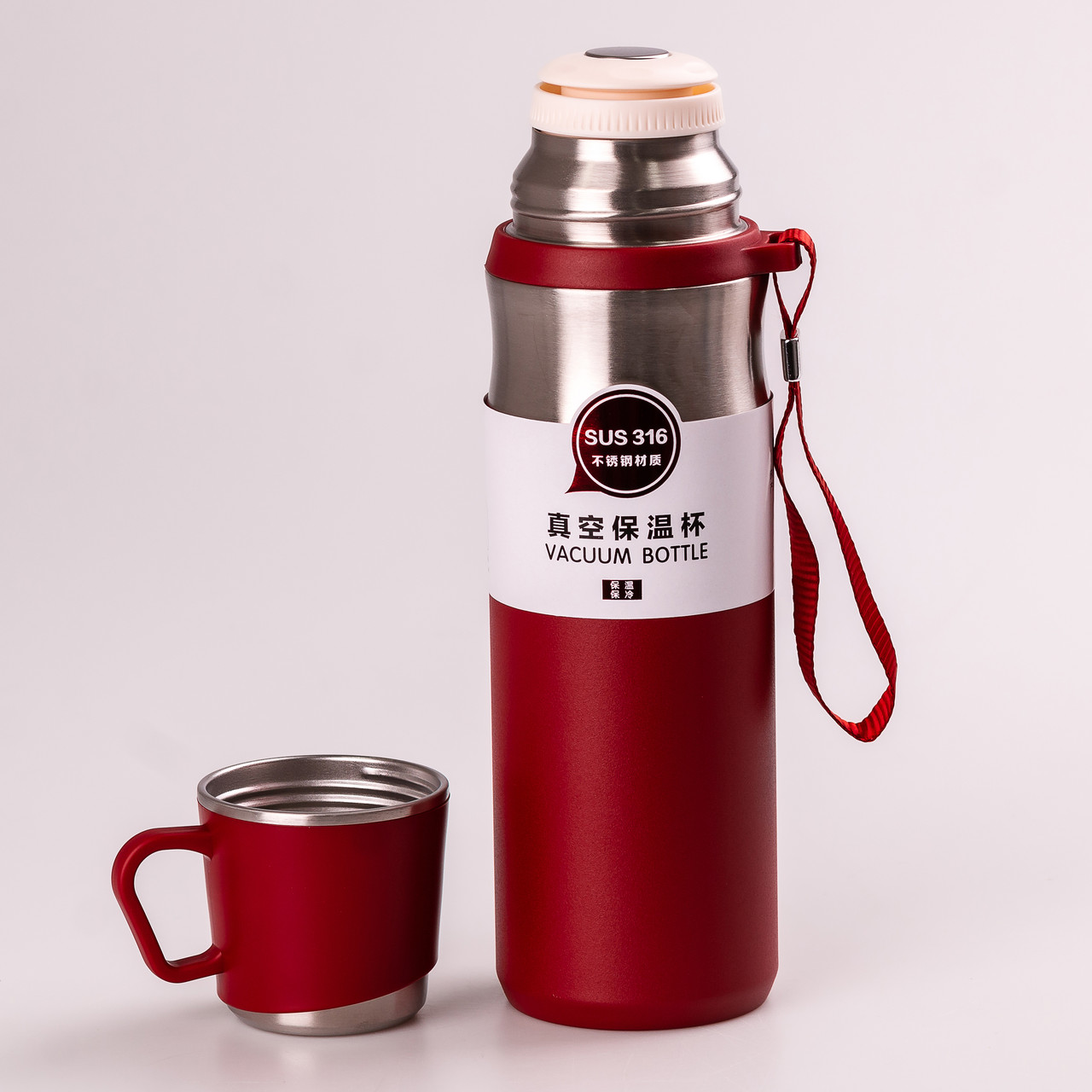 Термос з чашкою та ремінцем 600 мл з металевою колбою Червоний