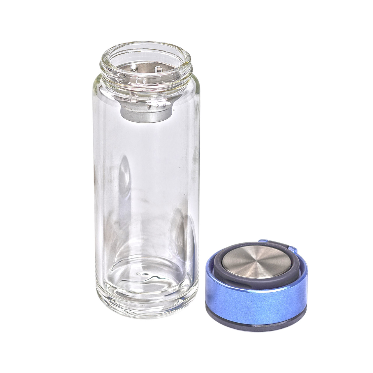 Термос скляний з подвійними стінками та ситечком 330 мл синій