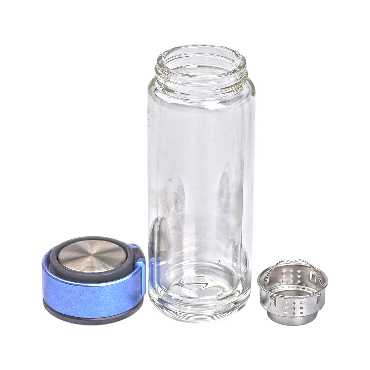 Термос скляний з подвійними стінками та ситечком 330 мл синій