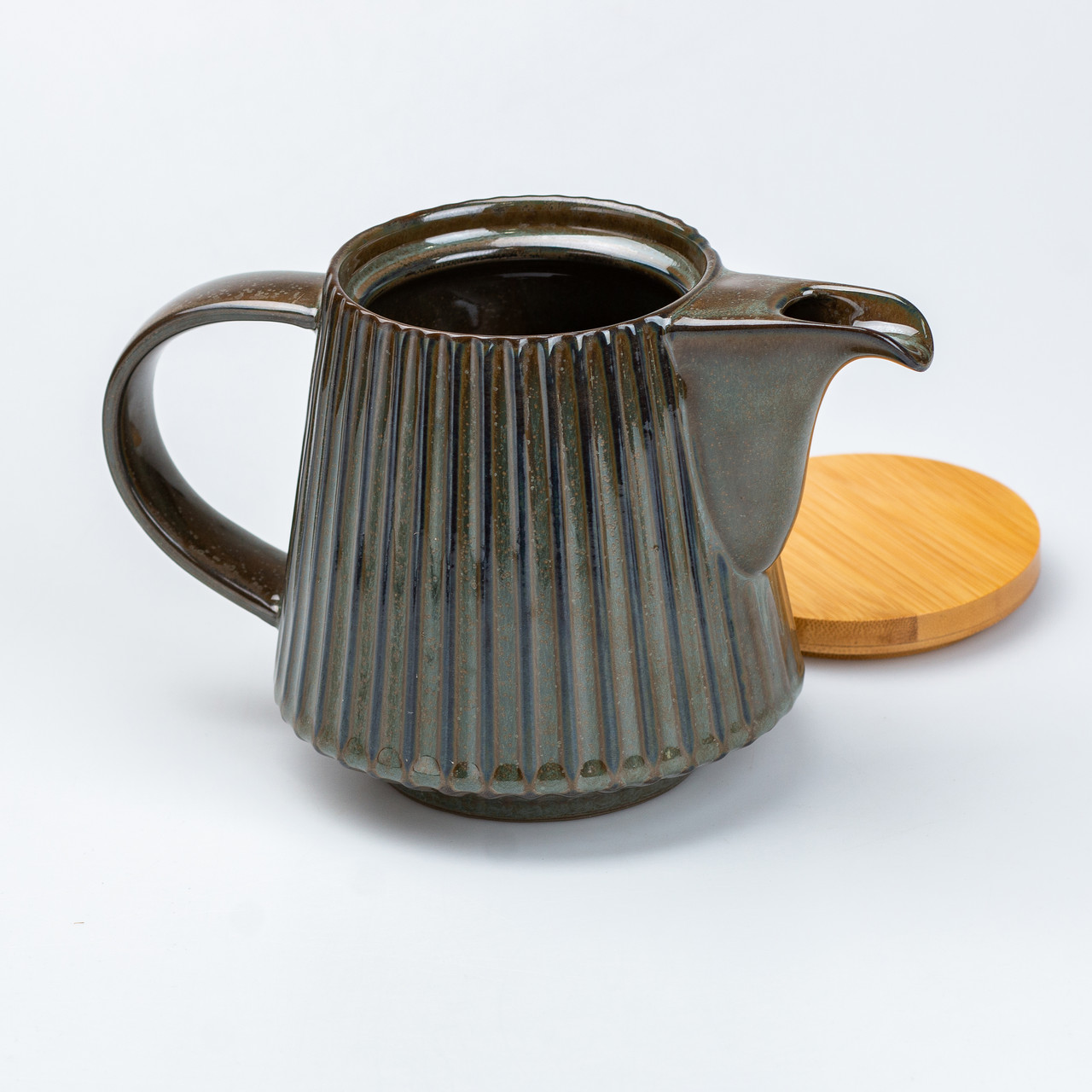 Чайник для заварювання 850 мл керамічний з бамбуковою кришкою Зелений з коричневим