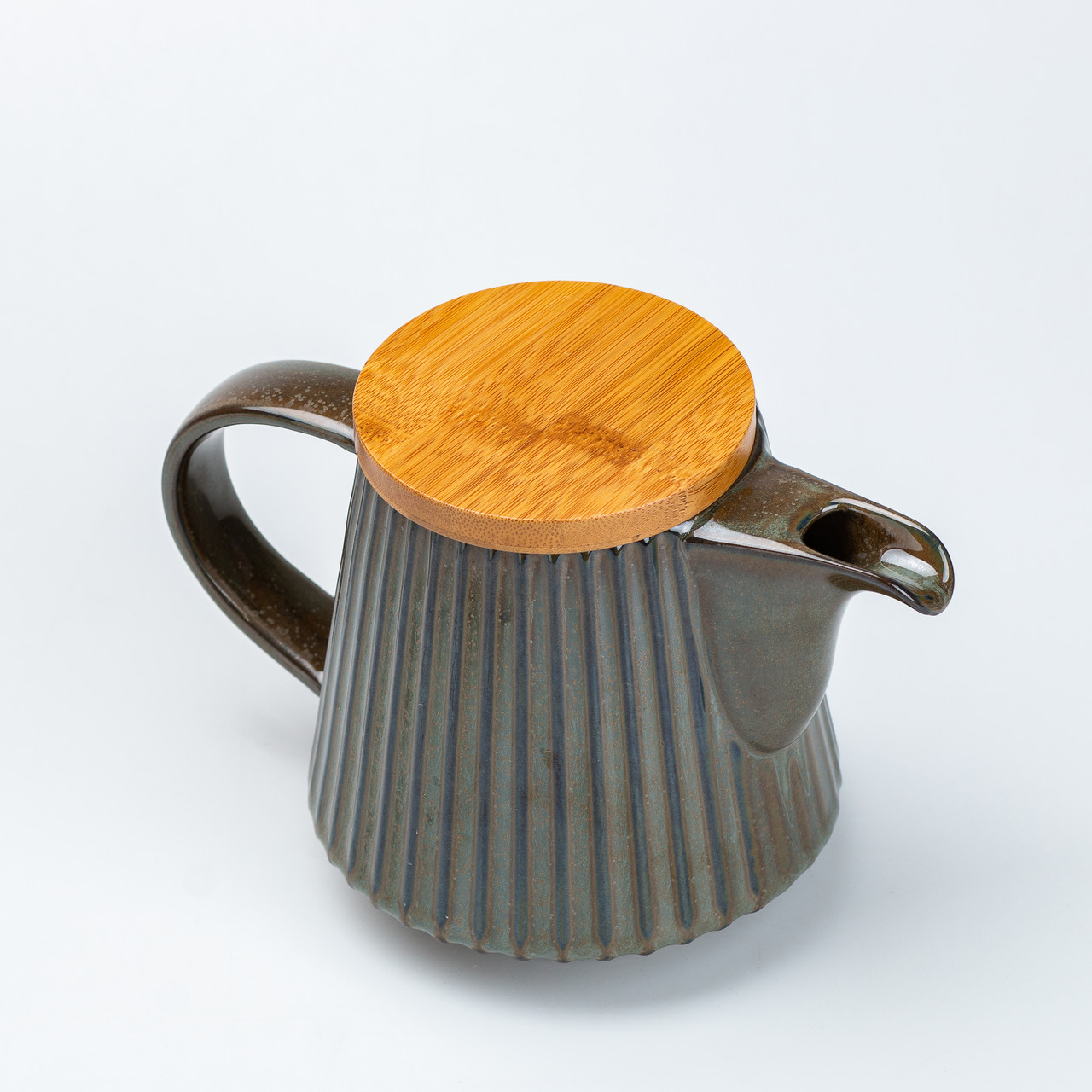 Чайник для заварювання 850 мл керамічний з бамбуковою кришкою Зелений з коричневим