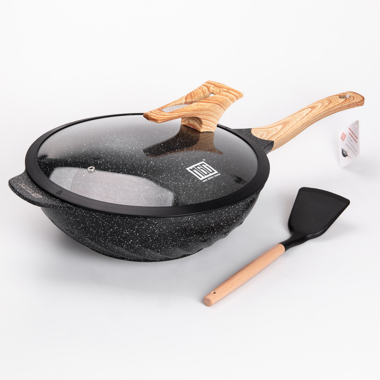 Сковорода ВОК 32 см з антипригарним покриттям, товстим дном і силіконовою лопаткою