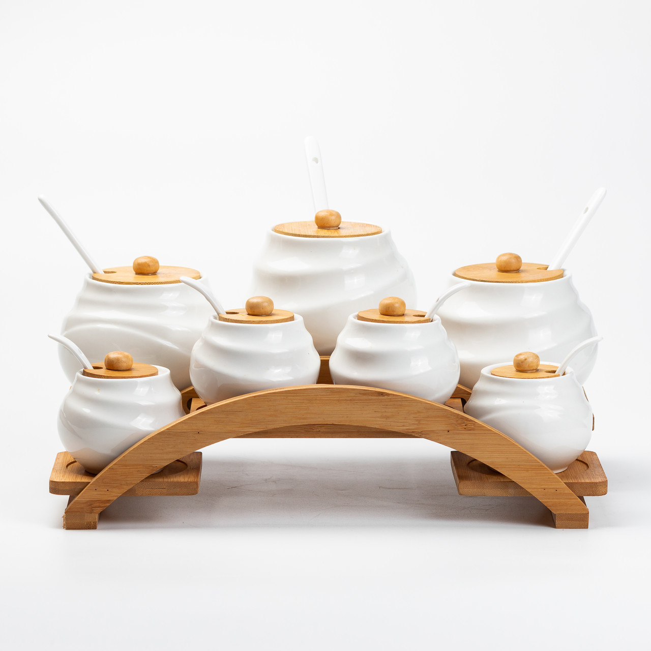 Банки для сипучих продуктів 7 штук по 200 мл та 500 мл на бамбуковій підставці