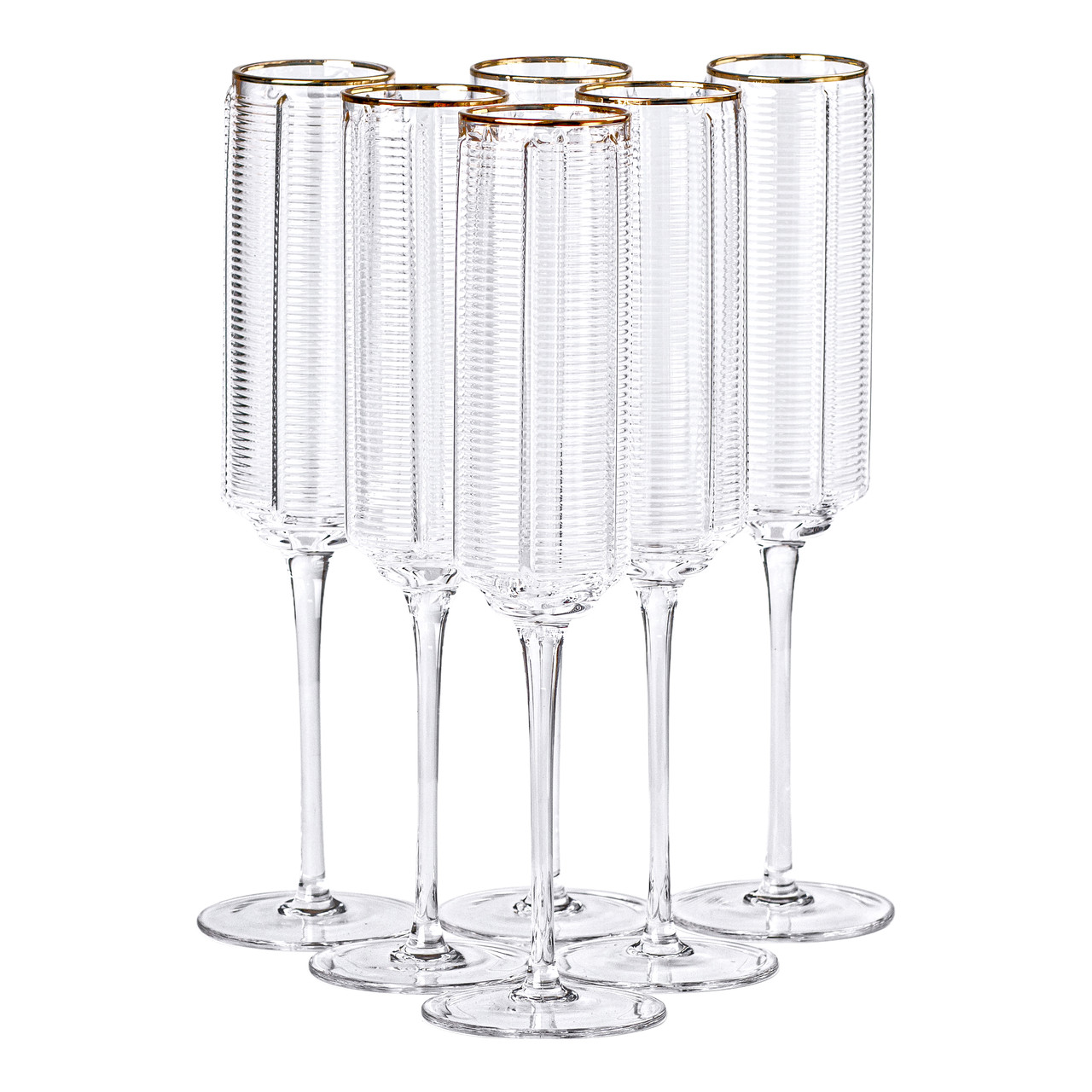 Набір із 6 келихів для шампанського з прозорого скла з золотим обідком, об’єм 300 мл, висота 25,5 см