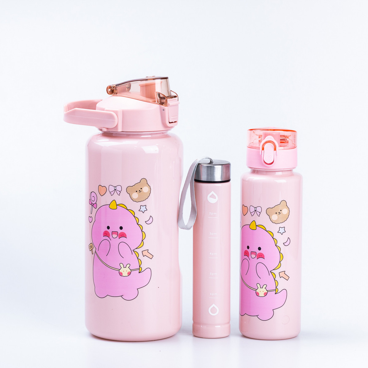 Набір багаторазових пляшок 3 в 1 Дракоша 0.3л 0.7л 2л рожевий