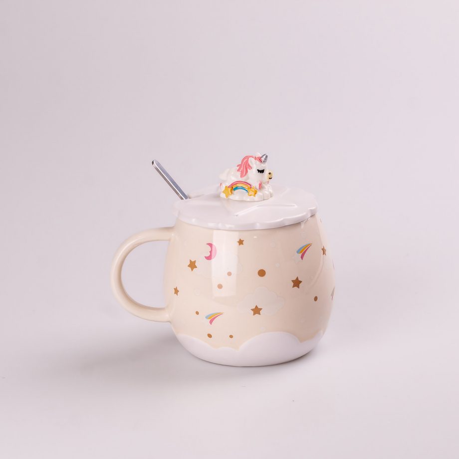 Чашка керамічна Rainbow Ceramic Mug 400ml з кришкою і ложкою Бежевий