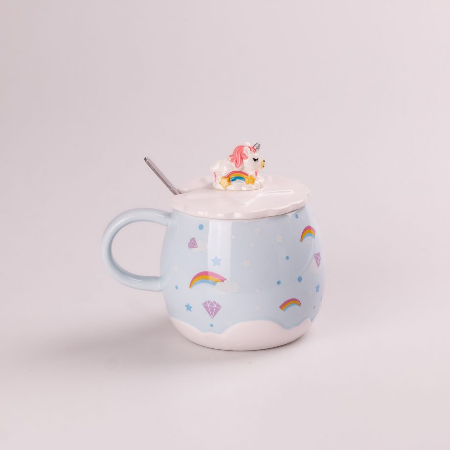 Чашка керамічна Rainbow Ceramic Mug 400ml з кришкою і ложкою Блакитний