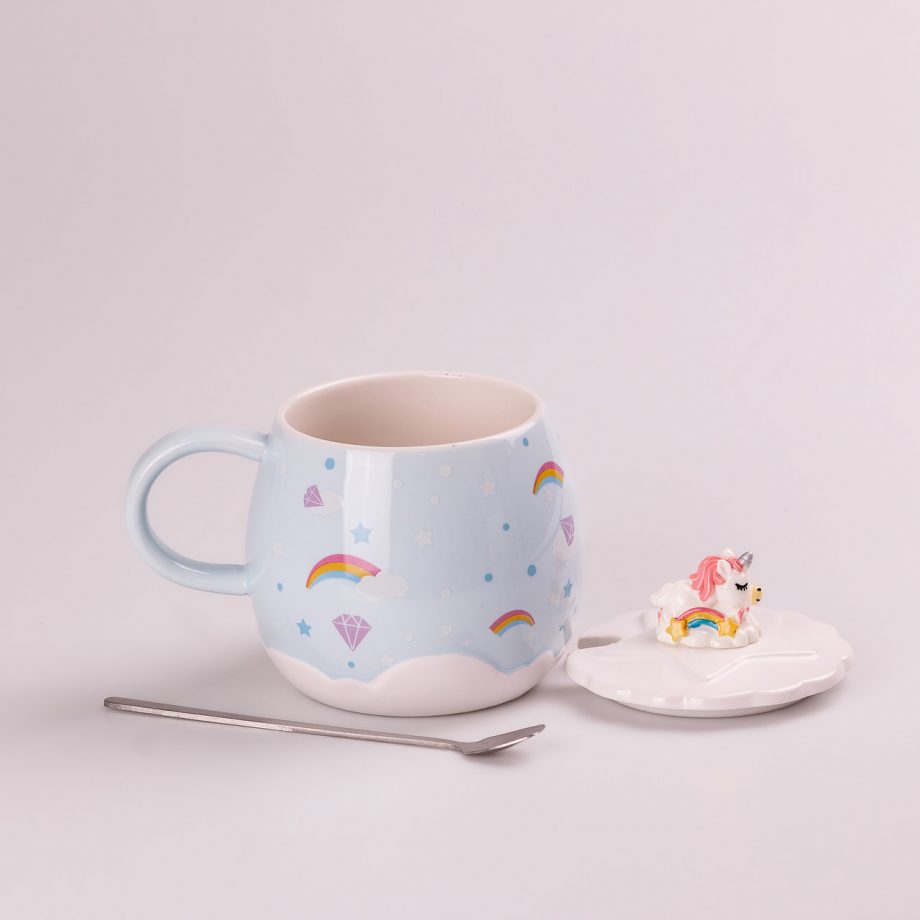 Чашка керамічна Rainbow Ceramic Mug 400ml з кришкою і ложкою Блакитний