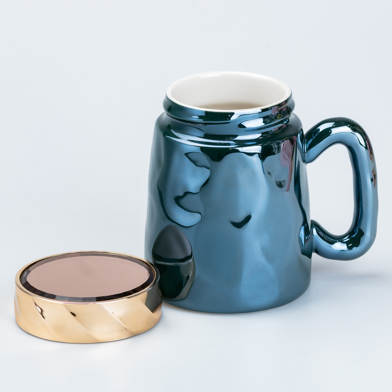 Чашка з кришкою 450 мл керамічна в дзеркальній глазурі Зелена