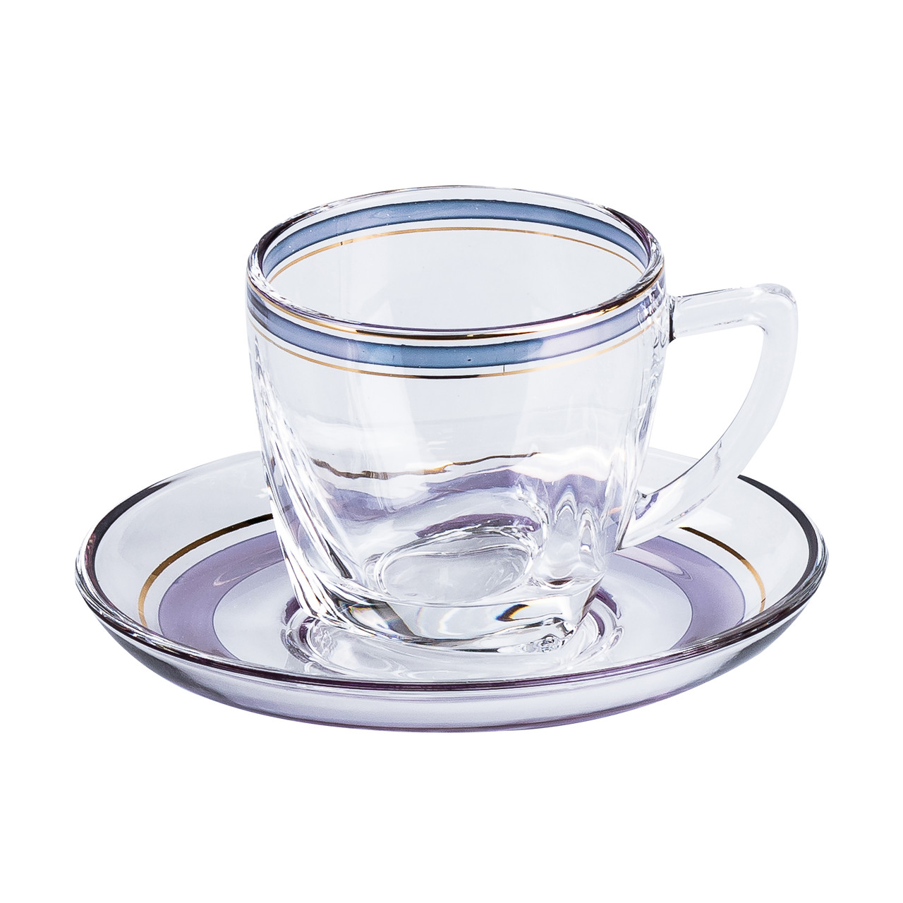 Чашки зі блюдцем скляні прозорі набір на 6 осіб Синій