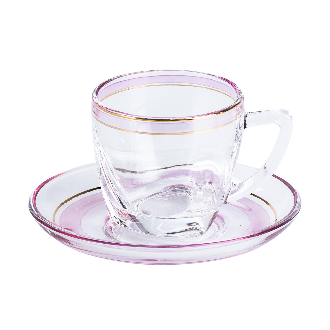 Чашки зі блюдцем скляні прозорі набір на 6 осіб Розовий