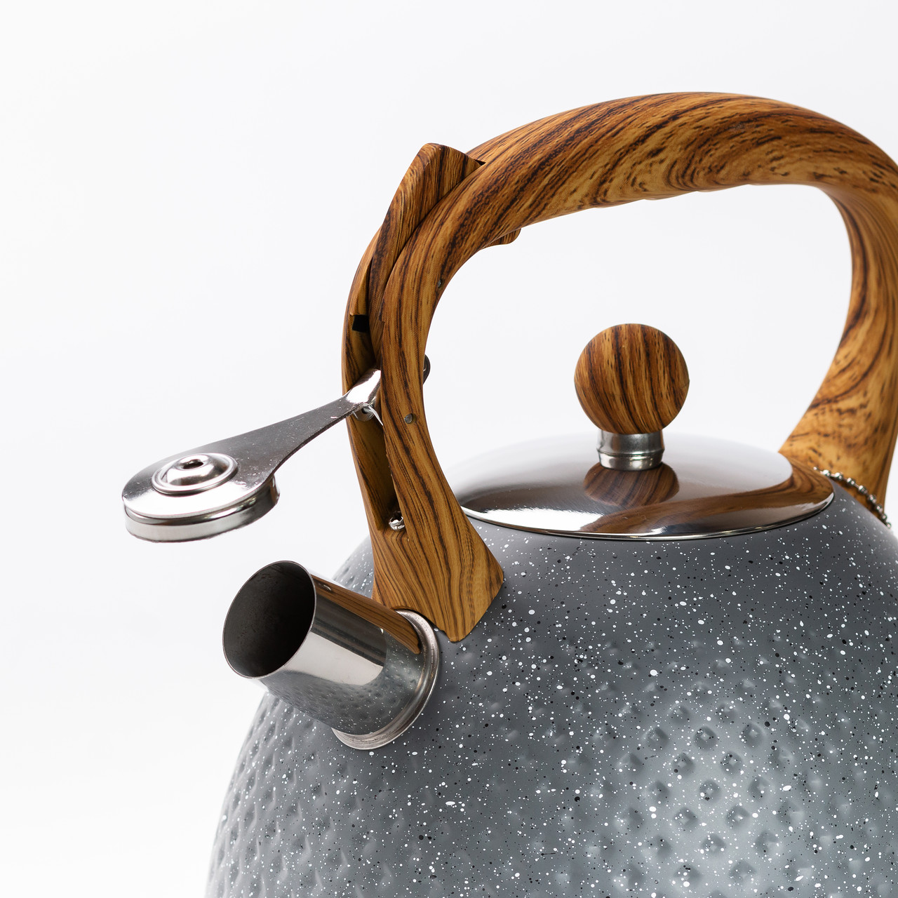 Чайник на 3 літри зі свистком, дерев'яна ручка, сірий, потрійне дно