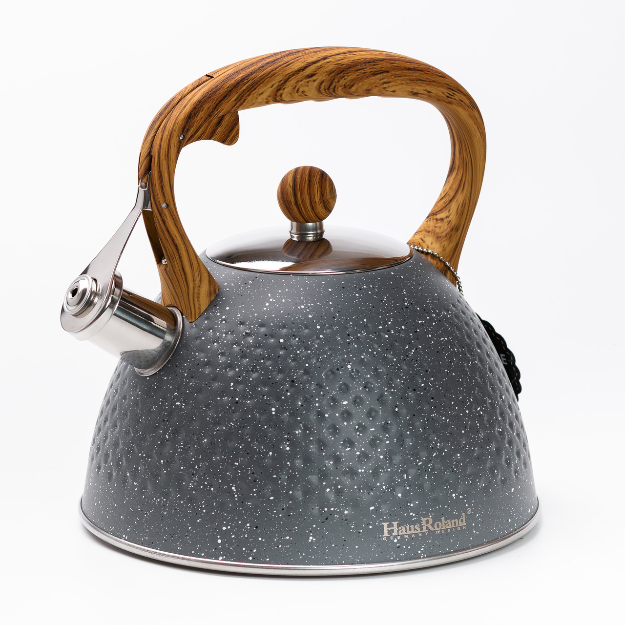 Чайник на 3 літри зі свистком, дерев'яна ручка, сірий, потрійне дно
