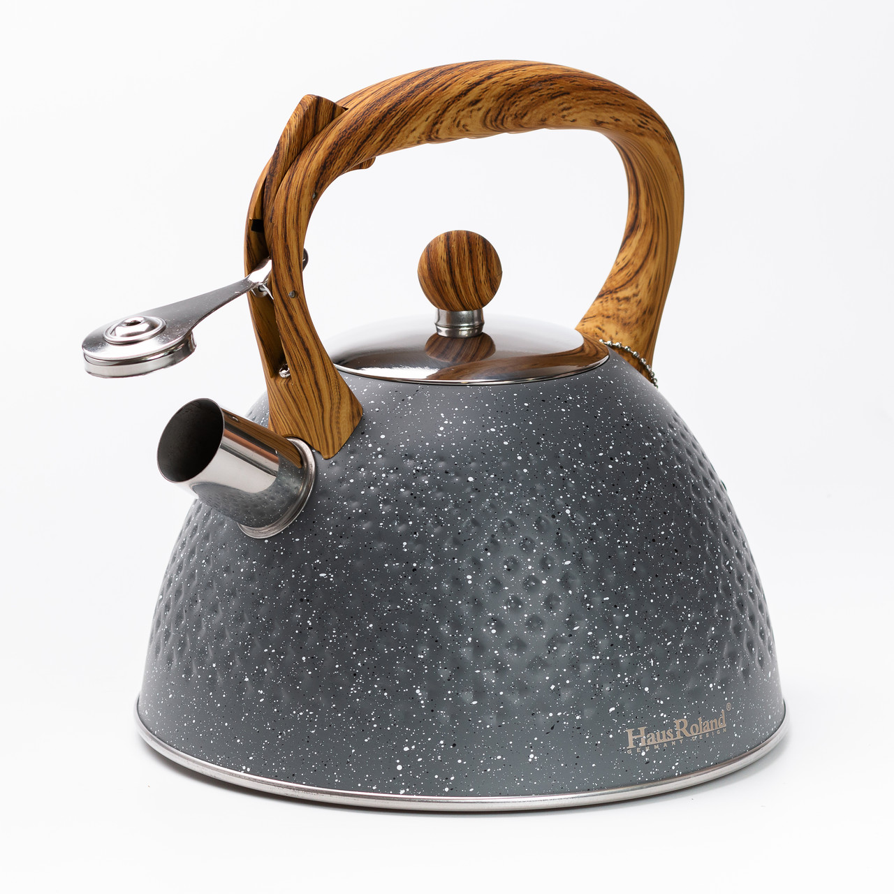Чайник на 3 літри зі свистком, дерев'яна ручка, сірий, потрійне дно