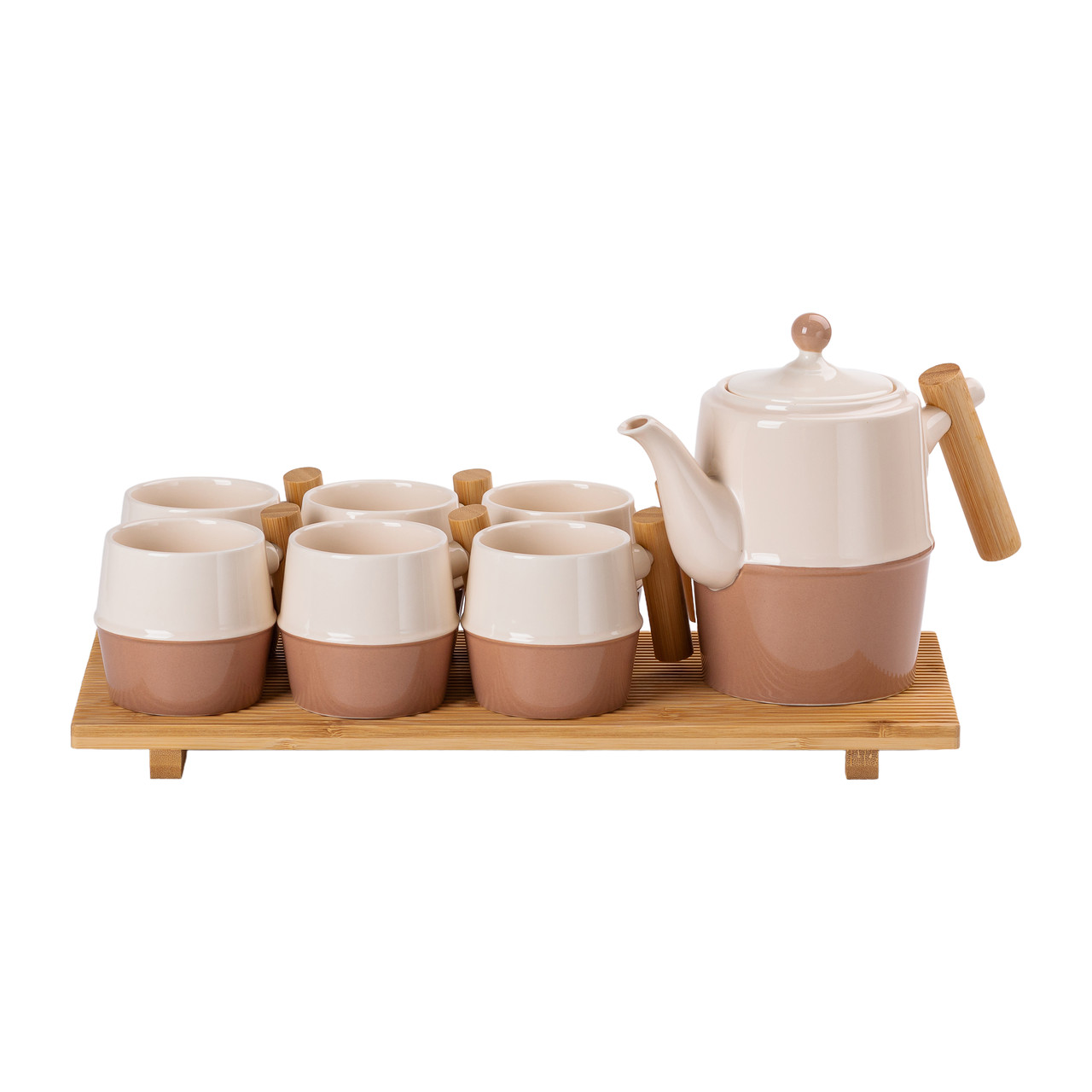 Чайний сервіз з бамбуковими ручками та підставкою в коричнево-білій гамі
