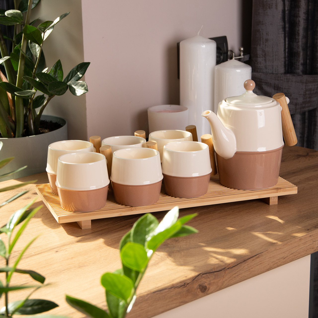 Чайний сервіз на 6 персон з бамбуковою підставкою коричневий