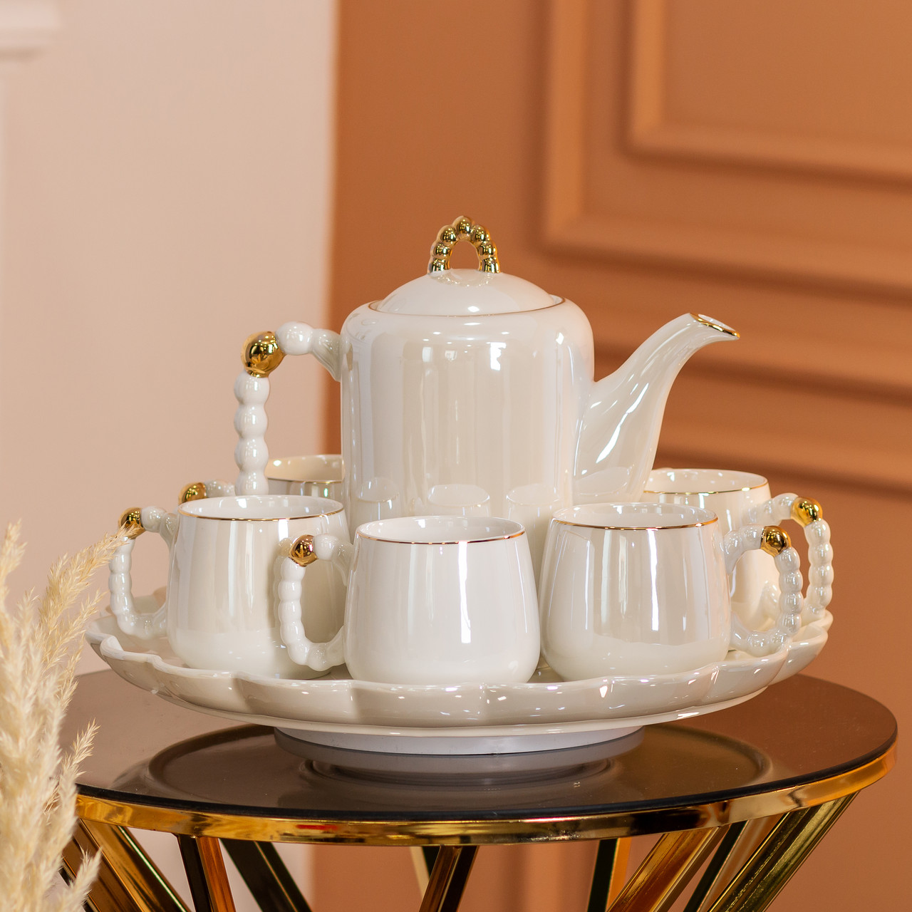 Чайний набір на 6 персон із заварювальним чайником, чайником-заварником та керамічною підставкою Білий