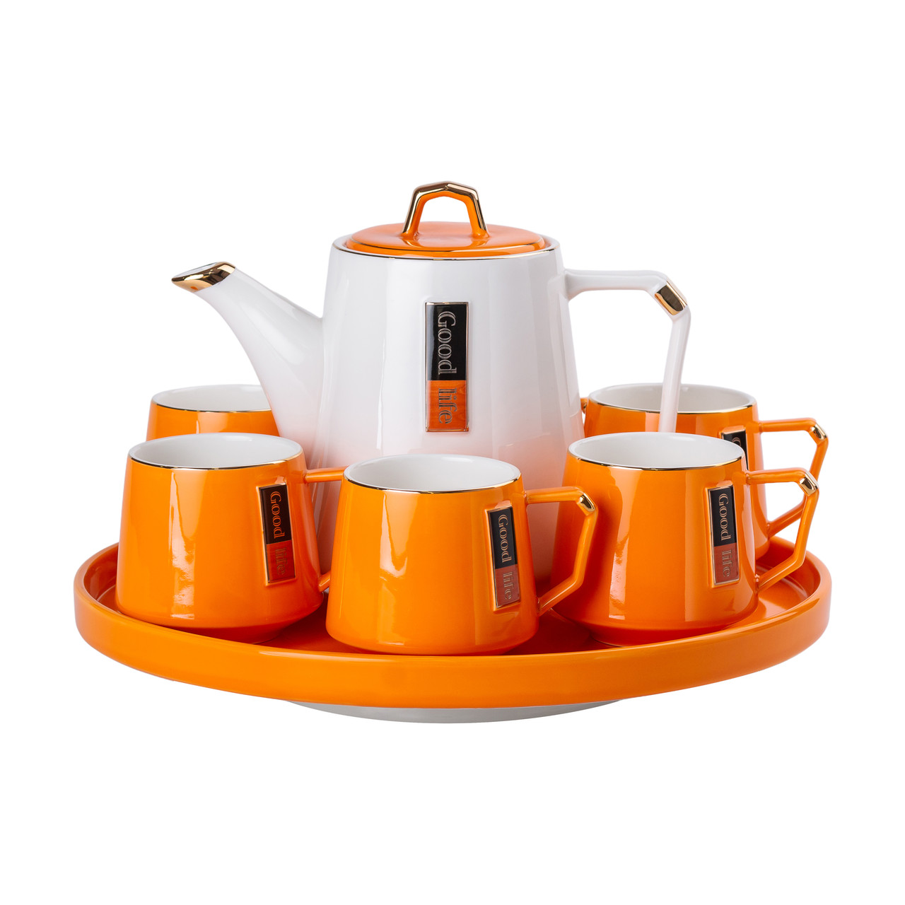 Керамічний чайний сервіз на 6 персон із чайником, чашками і обертовою підставкою