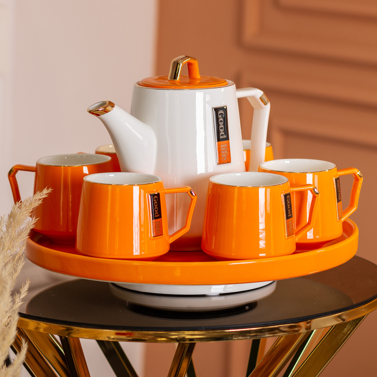 Чайний сервіз на 6 персон із керамічною підставкою Orange