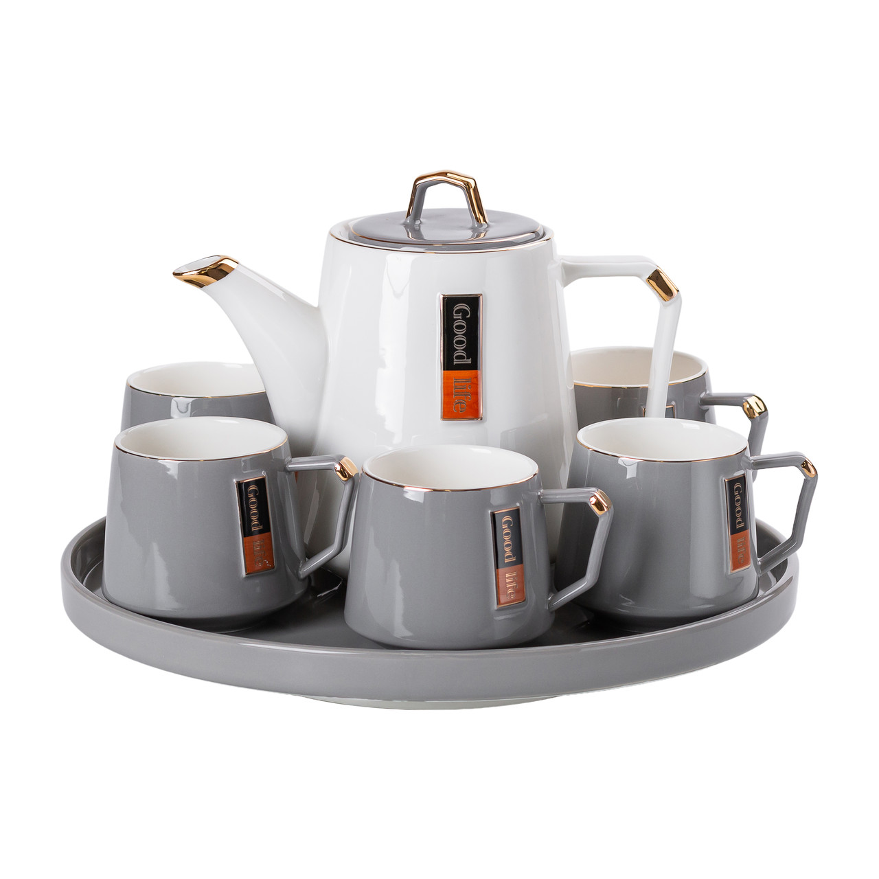 Керамічний чайний сервіз на 6 персон з чашками, чайником і обертовою підставкою